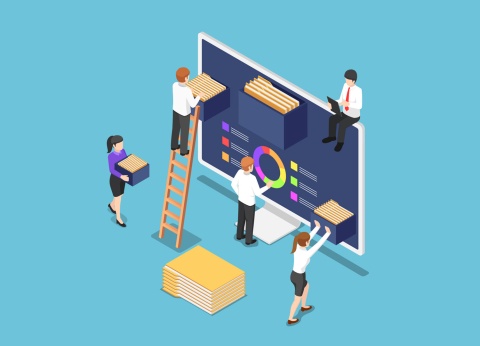 Isometric business people are organize document files and folders inside computer stock illustration